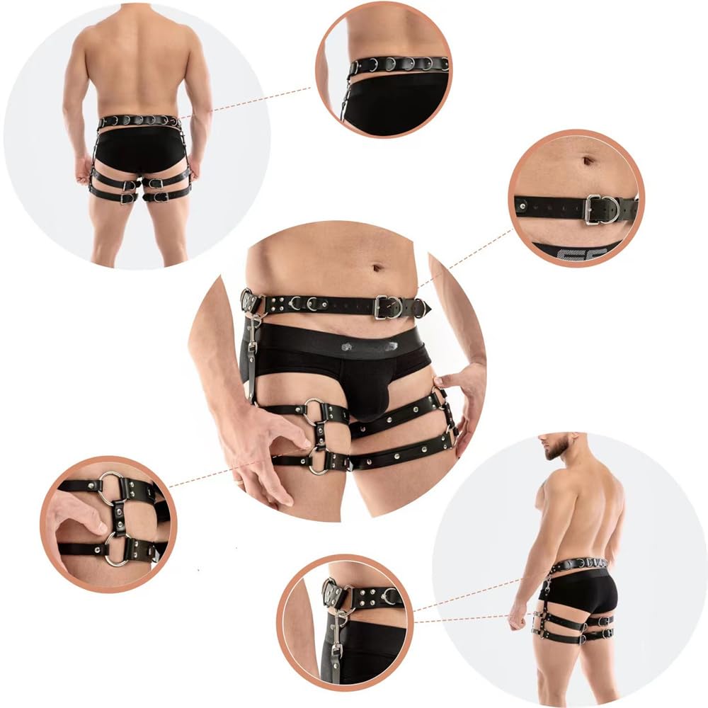 Pfylinqo Men's PU Leather Caged Thigh Holster Goth Sexy Punk Suspenders Cage Leg Garter Thigh Harness Men Restraints Leg Harness (PU Leather material upgrade)