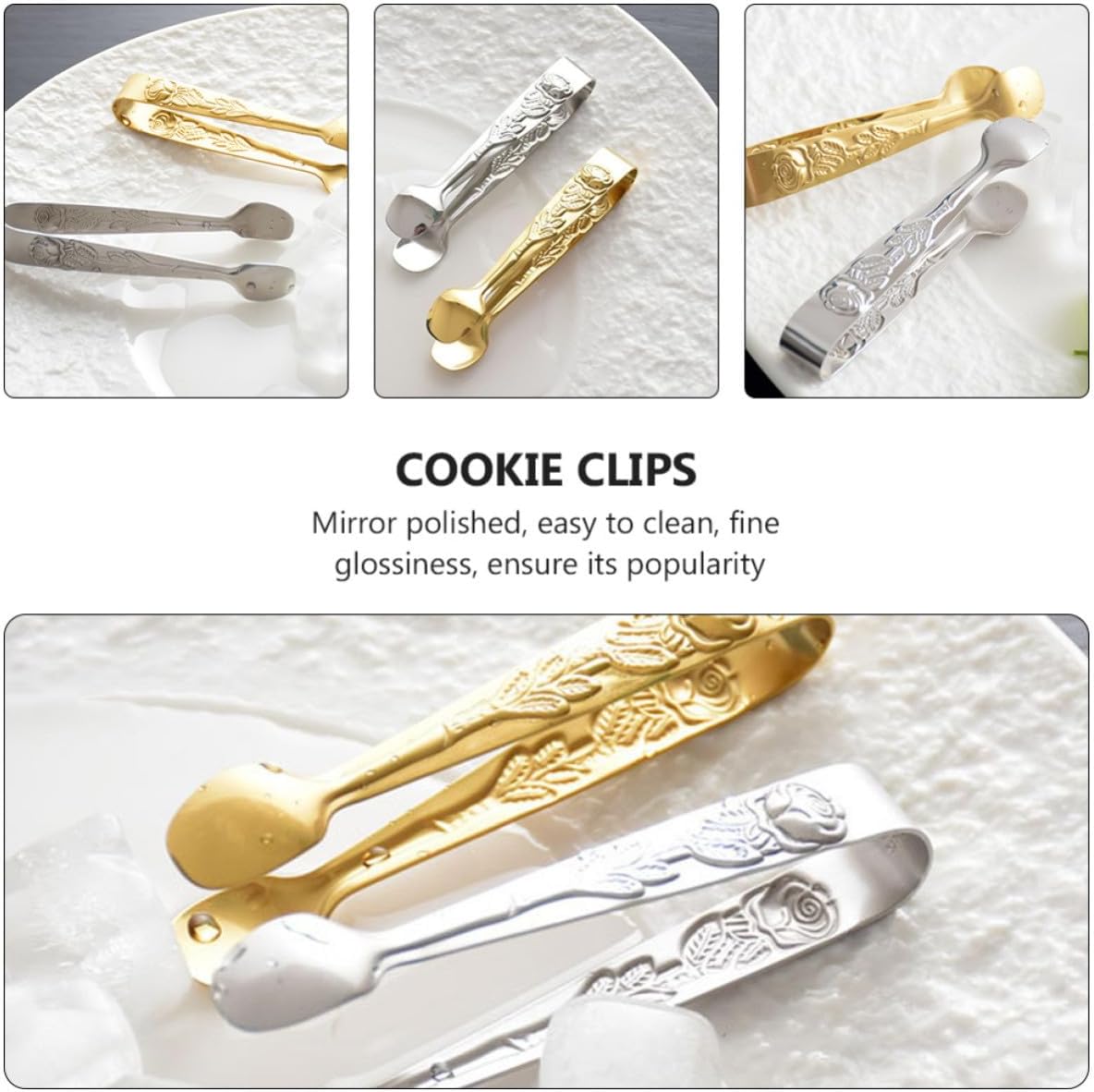 Stainless Steel Ice Tongs 2pcs Rose Handle Mini Serving Clips