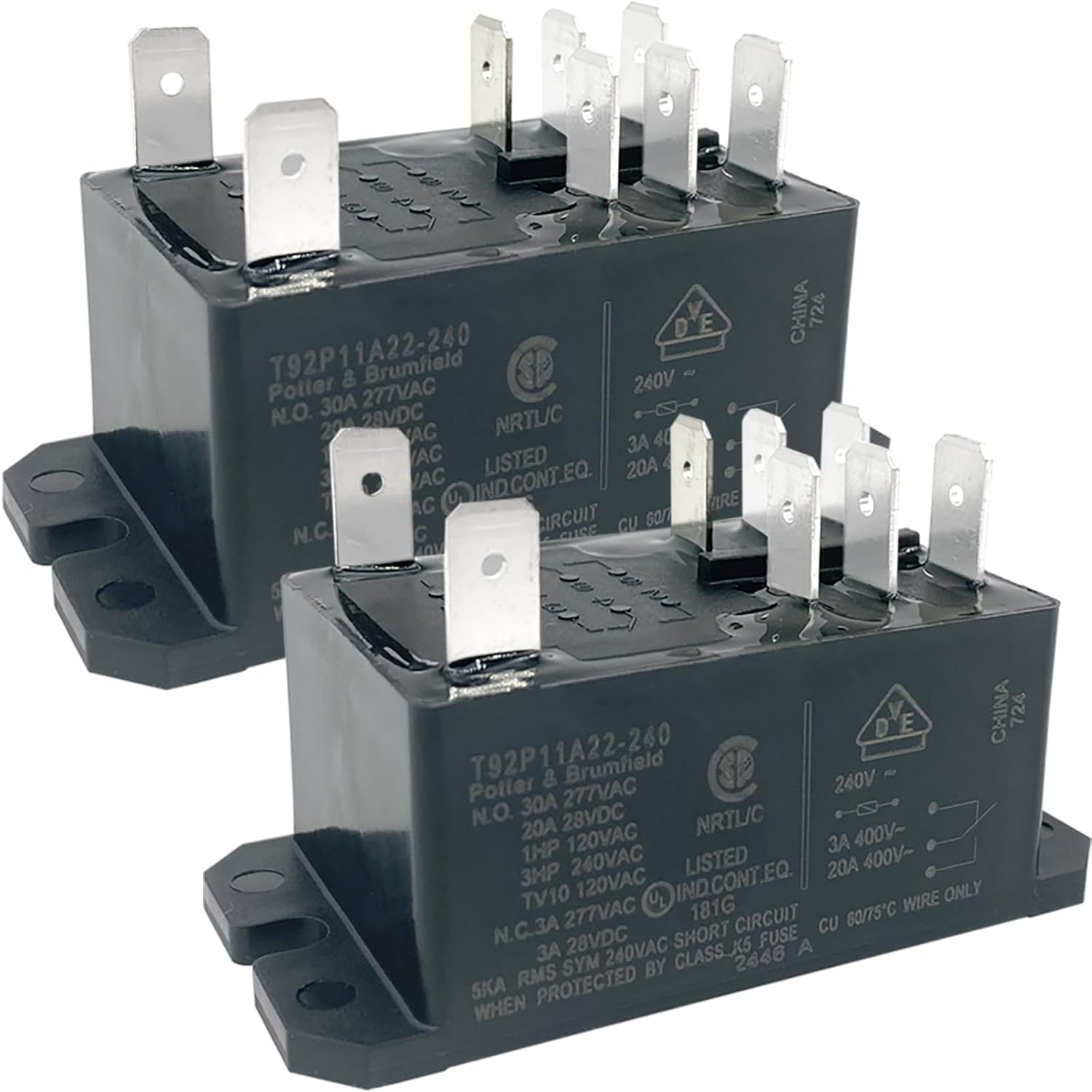 T92P11A22-240 Power Relay (2-Pack), 30A 240VAC Coil 2-Pole DPST-NO General Purpose Relay Compatible with HVAC Furnace and Air Handler Systems, Replacement for T92 Series Power Relays