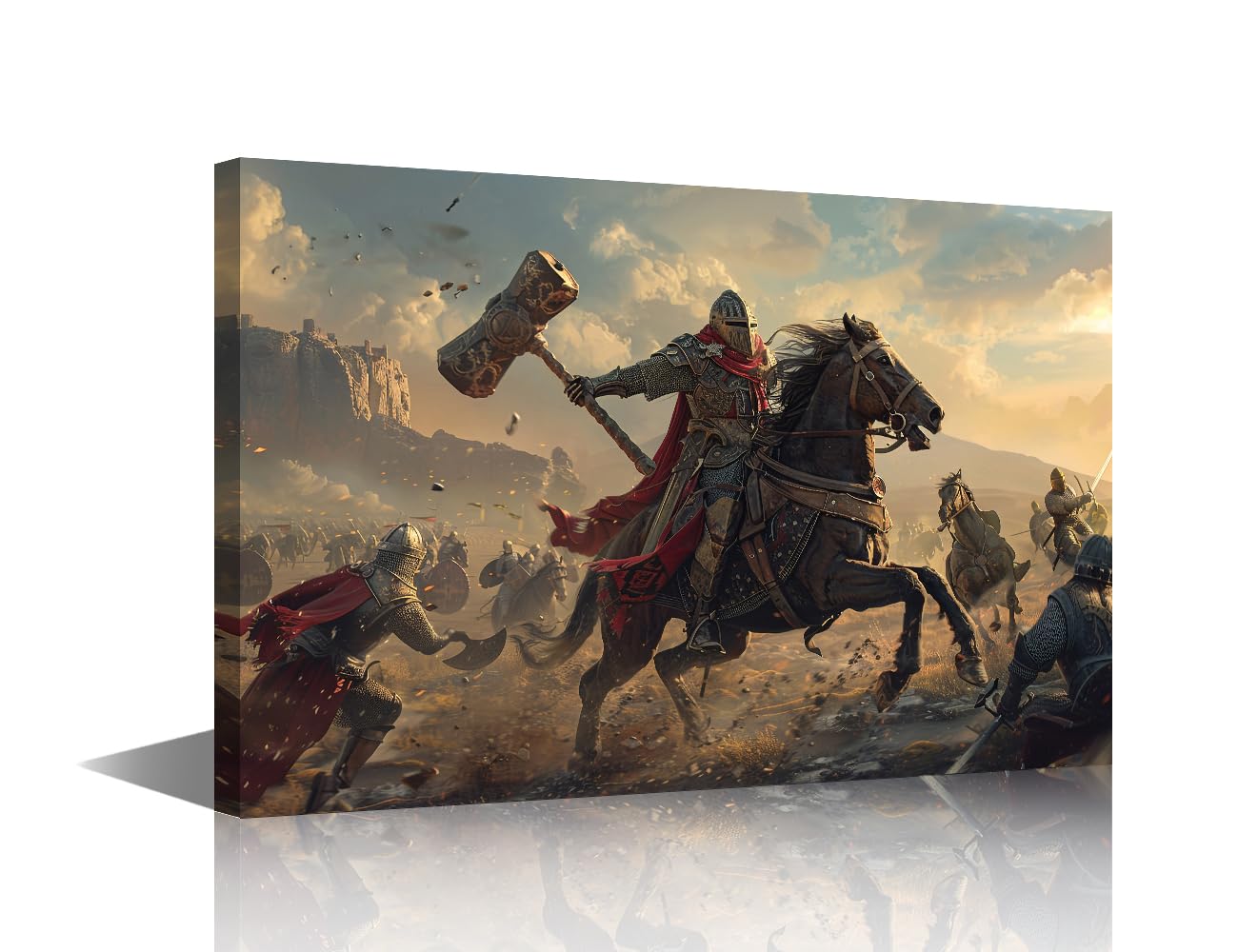 TISHIRON Knight on Horseback Canvas Wall Art Framed - Medieval Equestrian Battle Painting, Vintage Oil Painting Style for Entryway, Study, Castle Bedroom Decor Ready to Hang 18x12 Inches