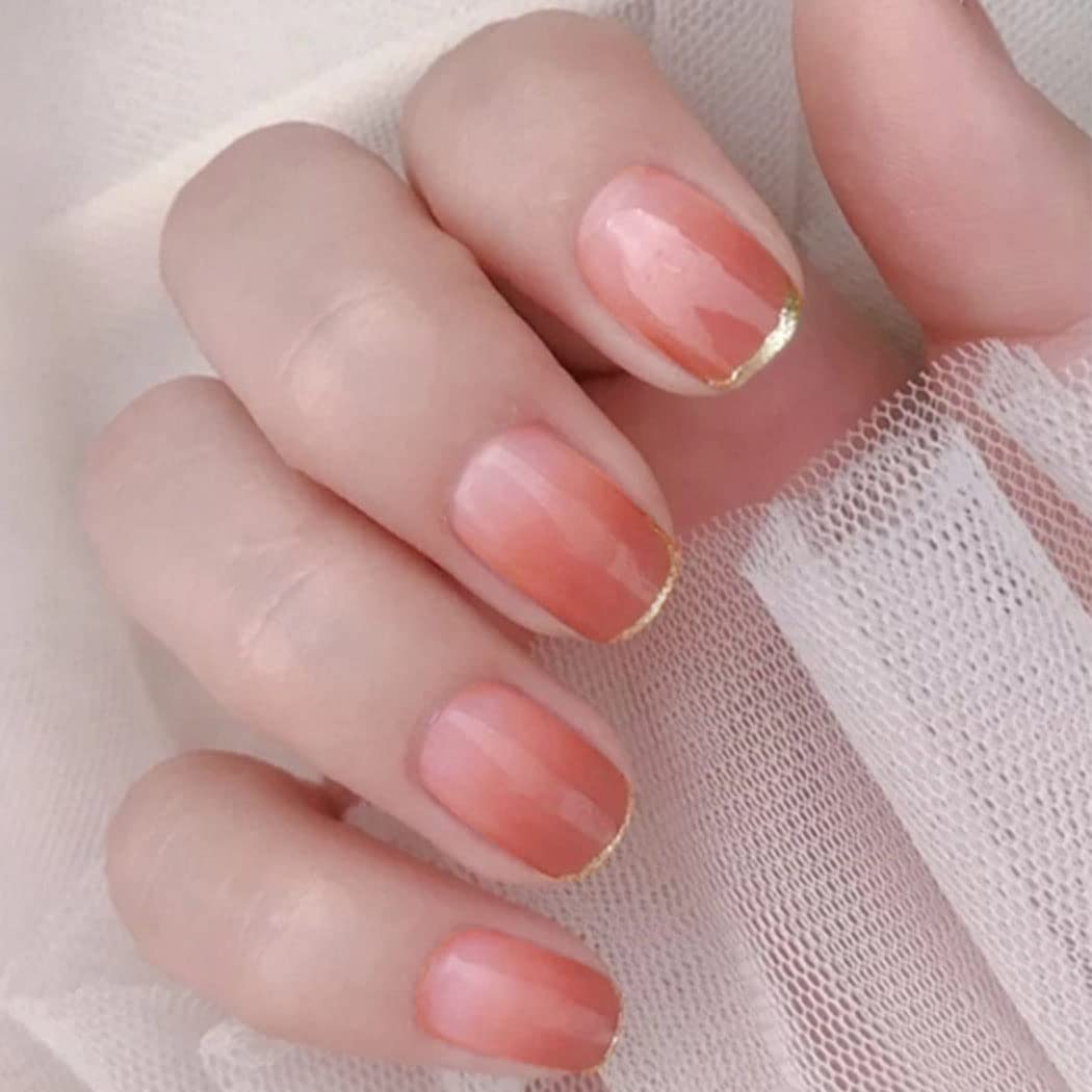 Uranian French Oval Press on Nails Gradient Nude Short Fake Nails Ombre Acrylic Glossy Full Cover False Nails Tips for Women and Girls(24pcs) (French-Pink)