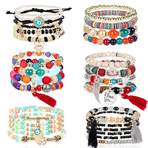HaHaGirl 6 Sets Bohemian Stackable Bead Bracelets for Women Girls Stretch Multilayered Bracelet Set Multicolor Tassel Strand Bracelets Stretch Jewelry
