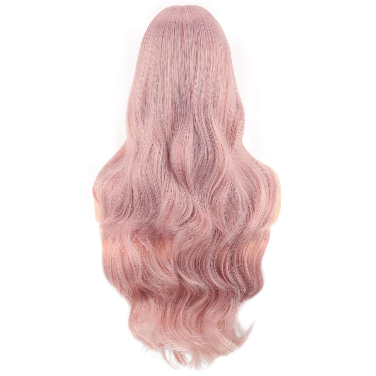BERON Pink Wig Long Wavy Wig with Bangs Synthetic Wigs Long Pink Wigs for Daily Party with Hairnet