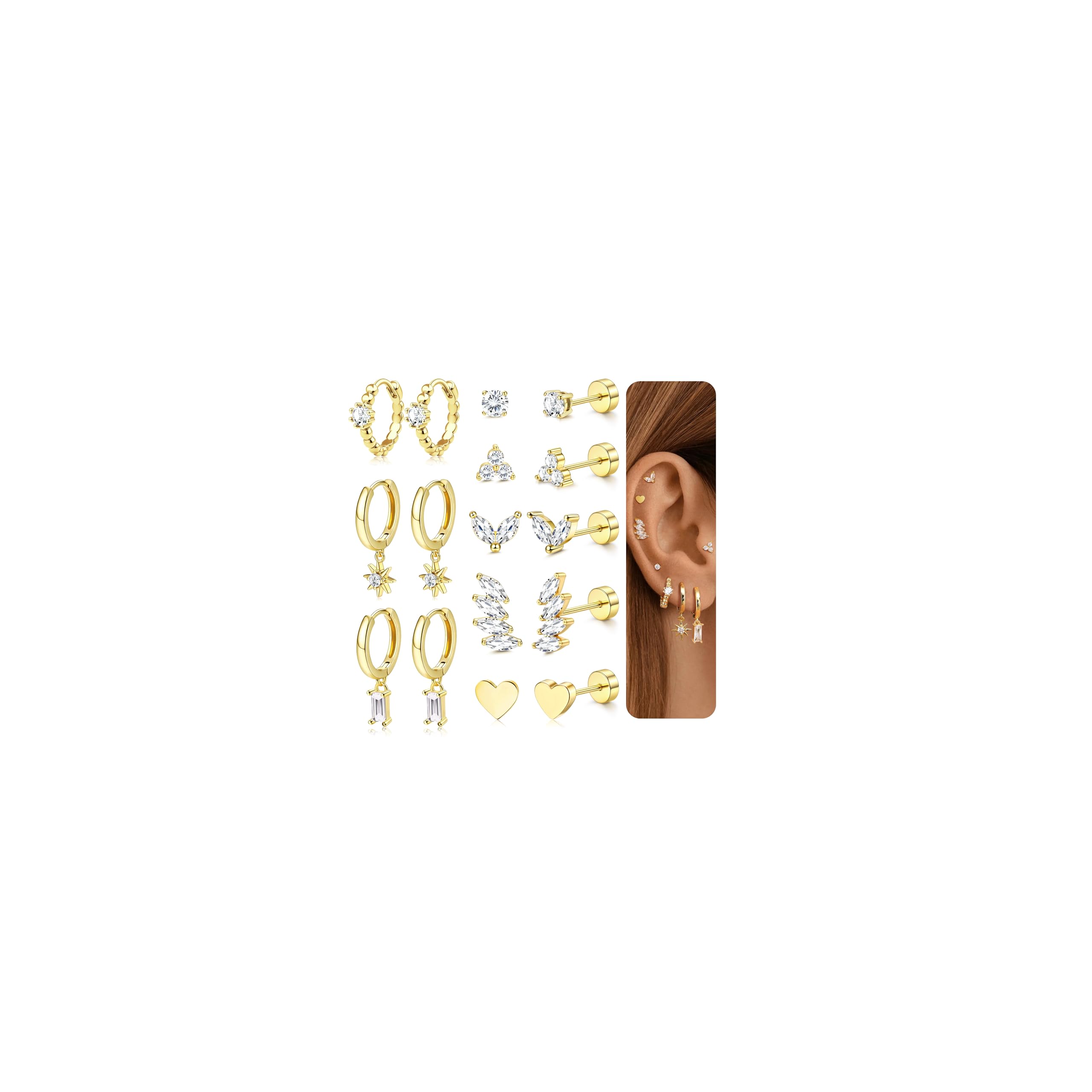 Set 23 Pièces Boucles D'Oreilles Hypoallergéniques – Acier Chirurgical, Plaqué Or 14K