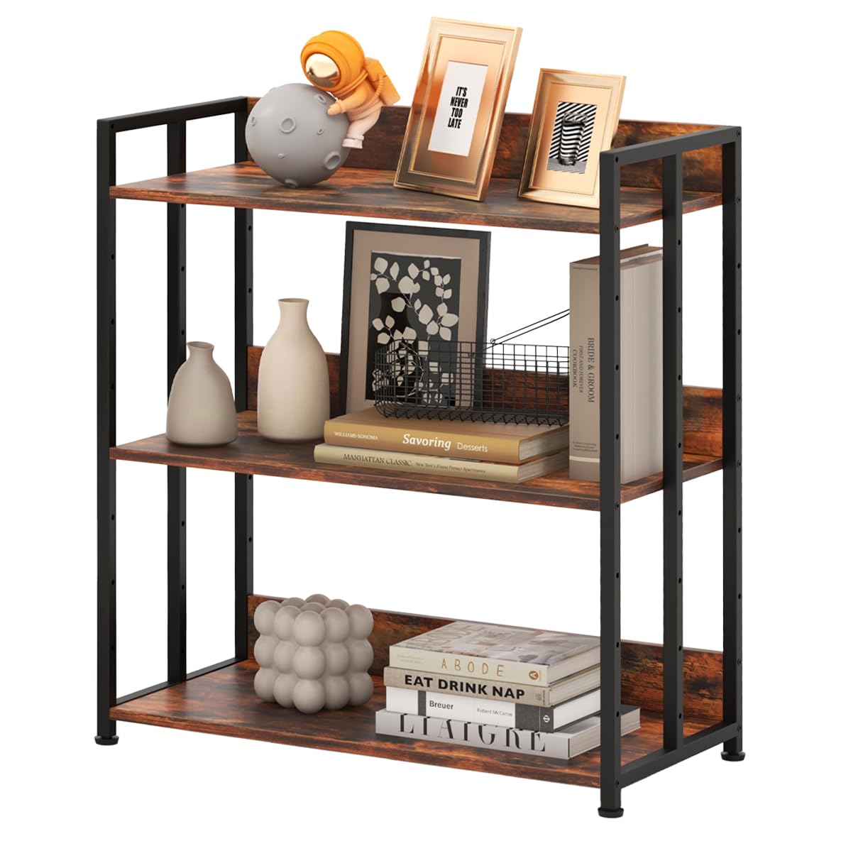 HOMASIS Libreria Scaffale Multiusa a 3/5 Ripiani Regolabili, Libreria Industriale da Terra con Dispositivo Anti-Ribaltamento, Scaffale Angolare da Soggiorno, Studio, Cucina (Marrone, 70 x 35 x 81 cm)