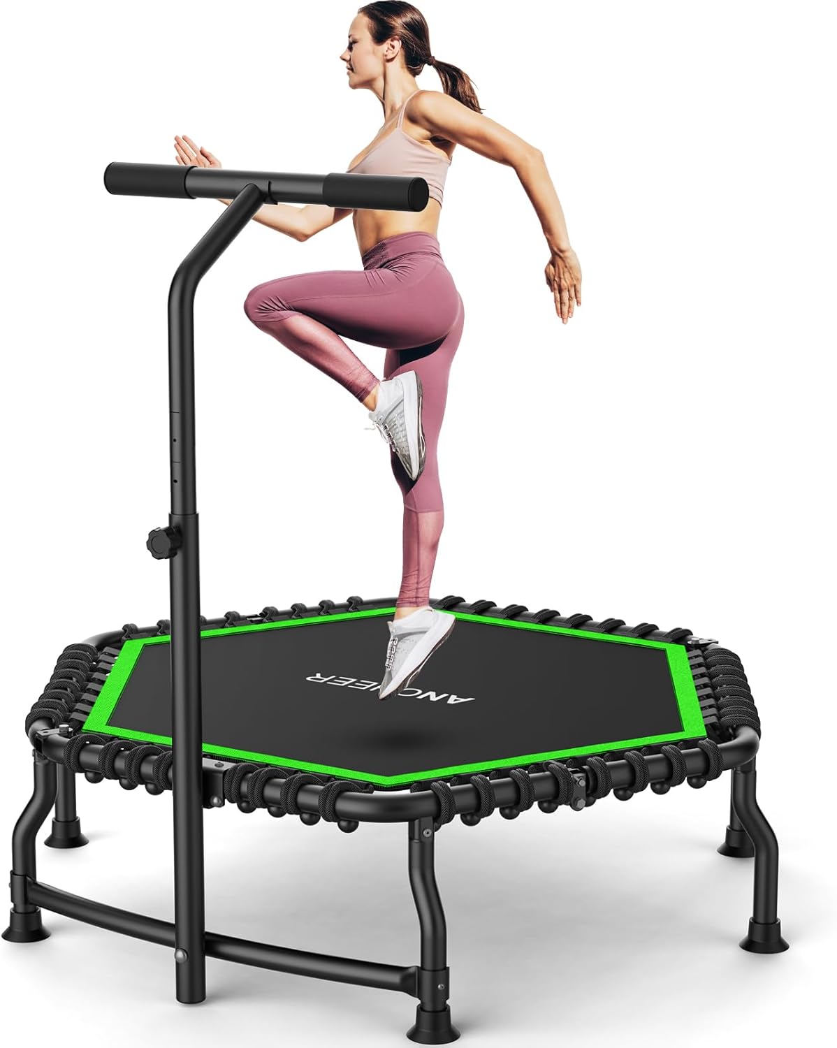 Rebounder Trampoline for Adults with Bar, 550 LBS Mini Trampoline Quiet Exercise Rebounder Bungee Rebounder Jumping Cardio Trainer Workout for Adults