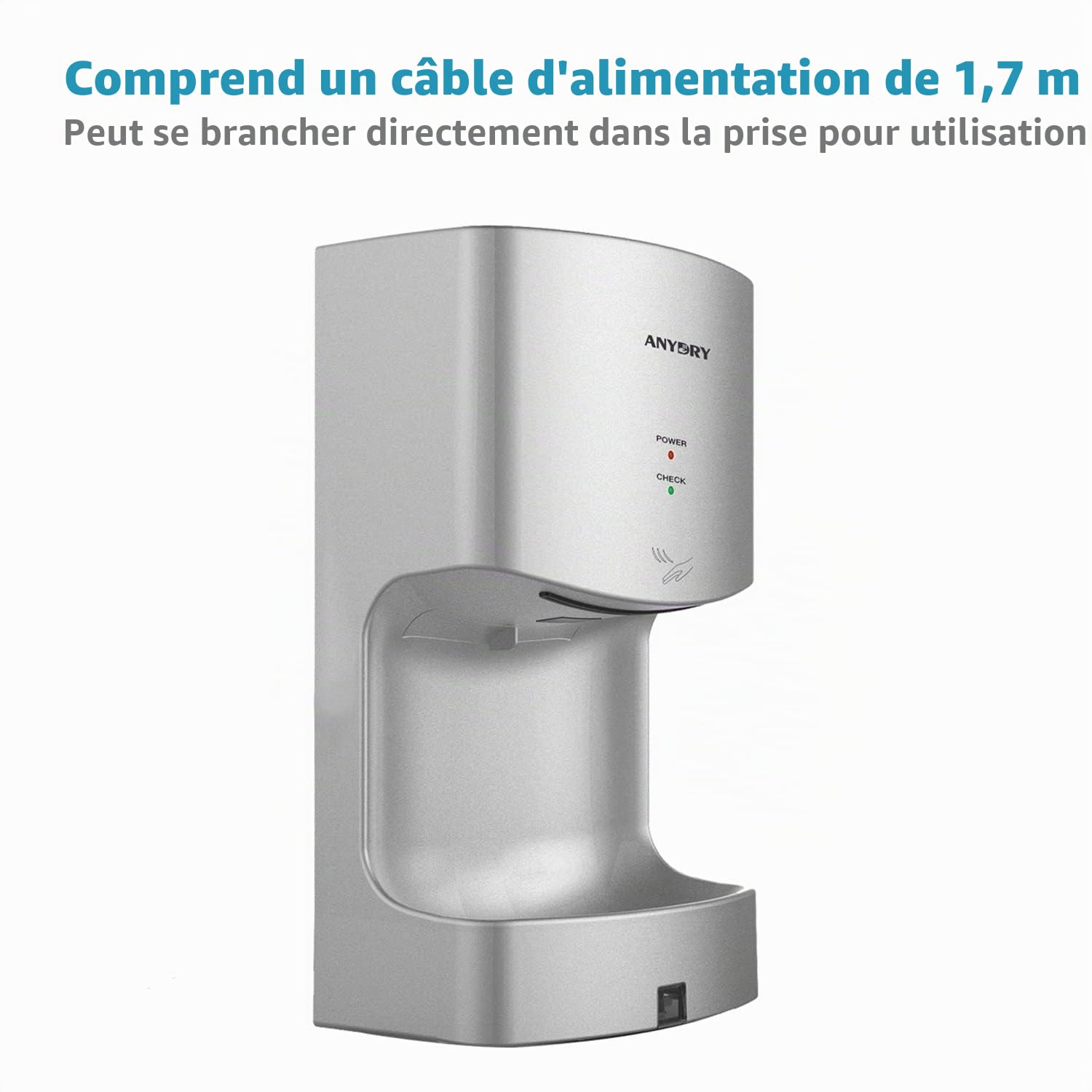 anydry 2630T Haute Vitesse sèche-Mains électrique,seche Mains Automatique Mural avec égouttoir,Commercial et Domestique,ABS 1400-1650W(Argent)