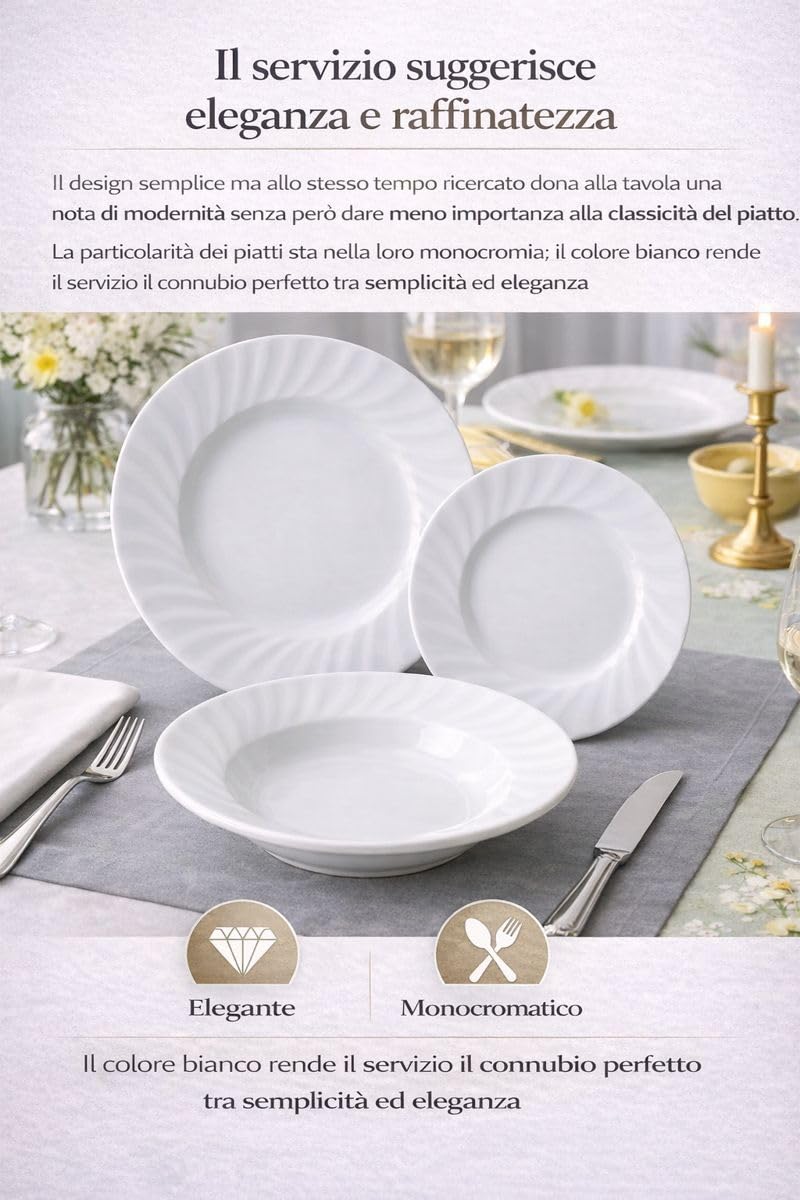 Set Piatti 18 Pezzi in Ceramica Bianca Margherita – Servizio da Tavola Elegante e Monocromatico – 6 Piatti Piani, 6 Piatti Fondi, 6 Piatti Frutta