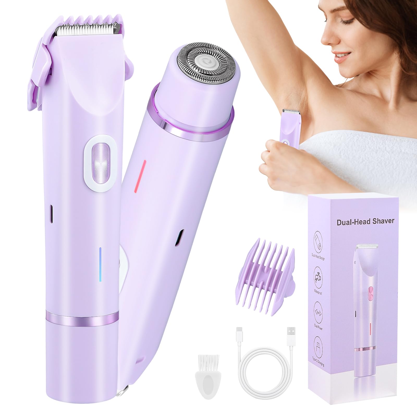 Afeitadora Eléctrica para Mujer, 2 en 1 Rasuradora, Impermeable IPX7, Recortadora para Zona Intima, Recargable, Uso en Seco y en Mojad, Ideal para Cara, Axilas y Bikini
