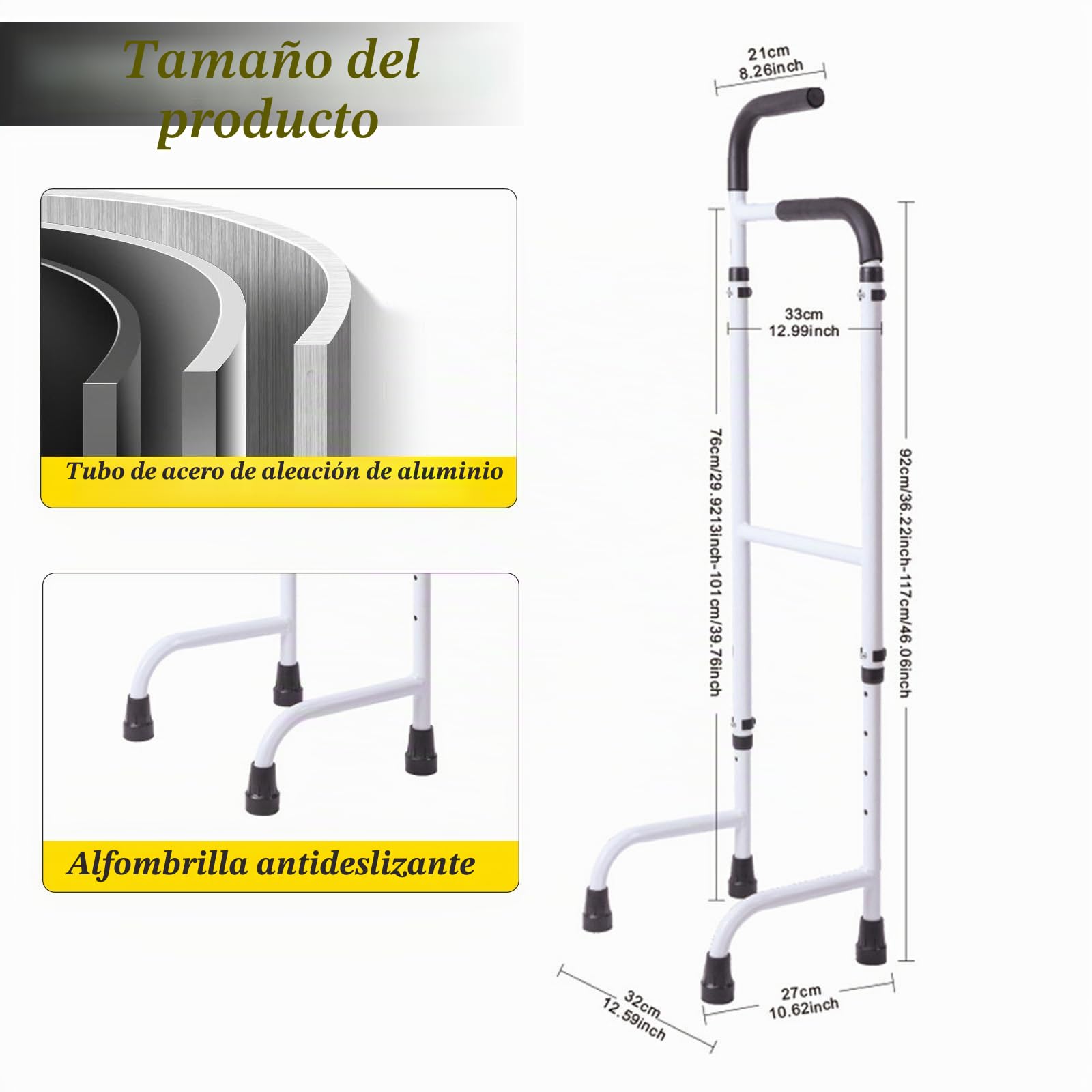 Ayuda para subir escaleras de aluminio, altura ajustable de 76 cm a 117 cm, bastón estable, altura ajustable, ayuda para personas mayores, adultos, capacidad de carga 136 kg