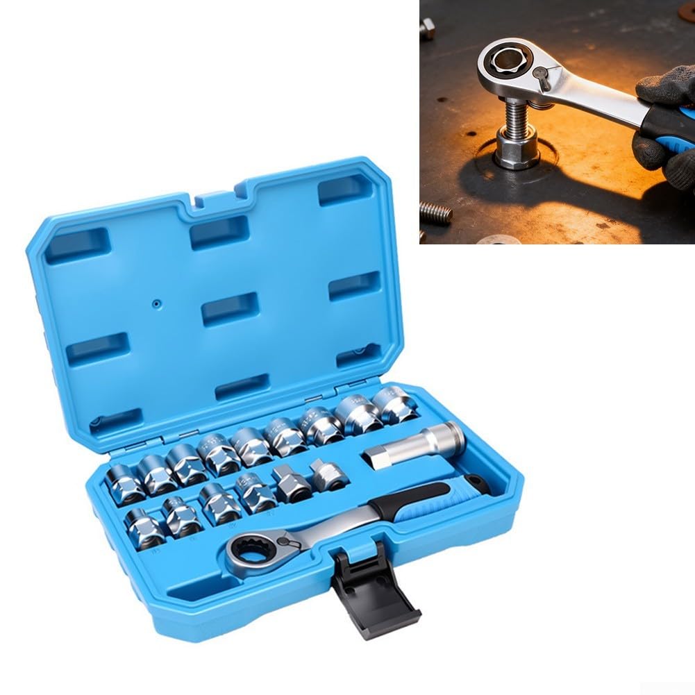 Juego de 28 llaves de paso resistentes para tuercas peladas, mantenimiento de bicicletas, diseño de alcance profundo, caja azul (31 piezas)
