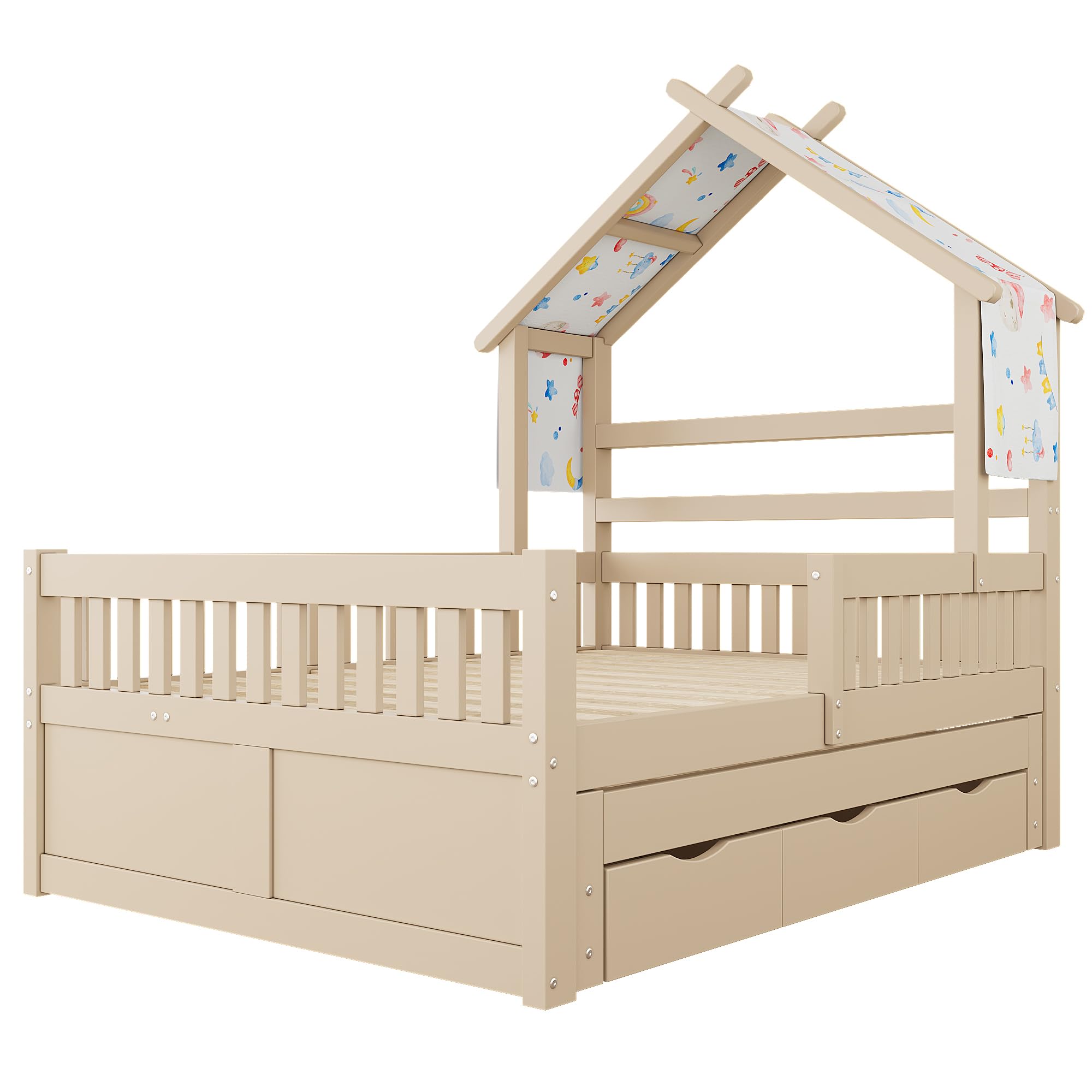 Sapgaks Lit Enfant en Bois 140 x 200 avec lit gigogne 90x190,3 tiroirs et barrières de sécurité,lit cabane Enfants,Cadre de lit 140 x 200 avec sommier à Lattes (C-Jaune Clair 140x200)
