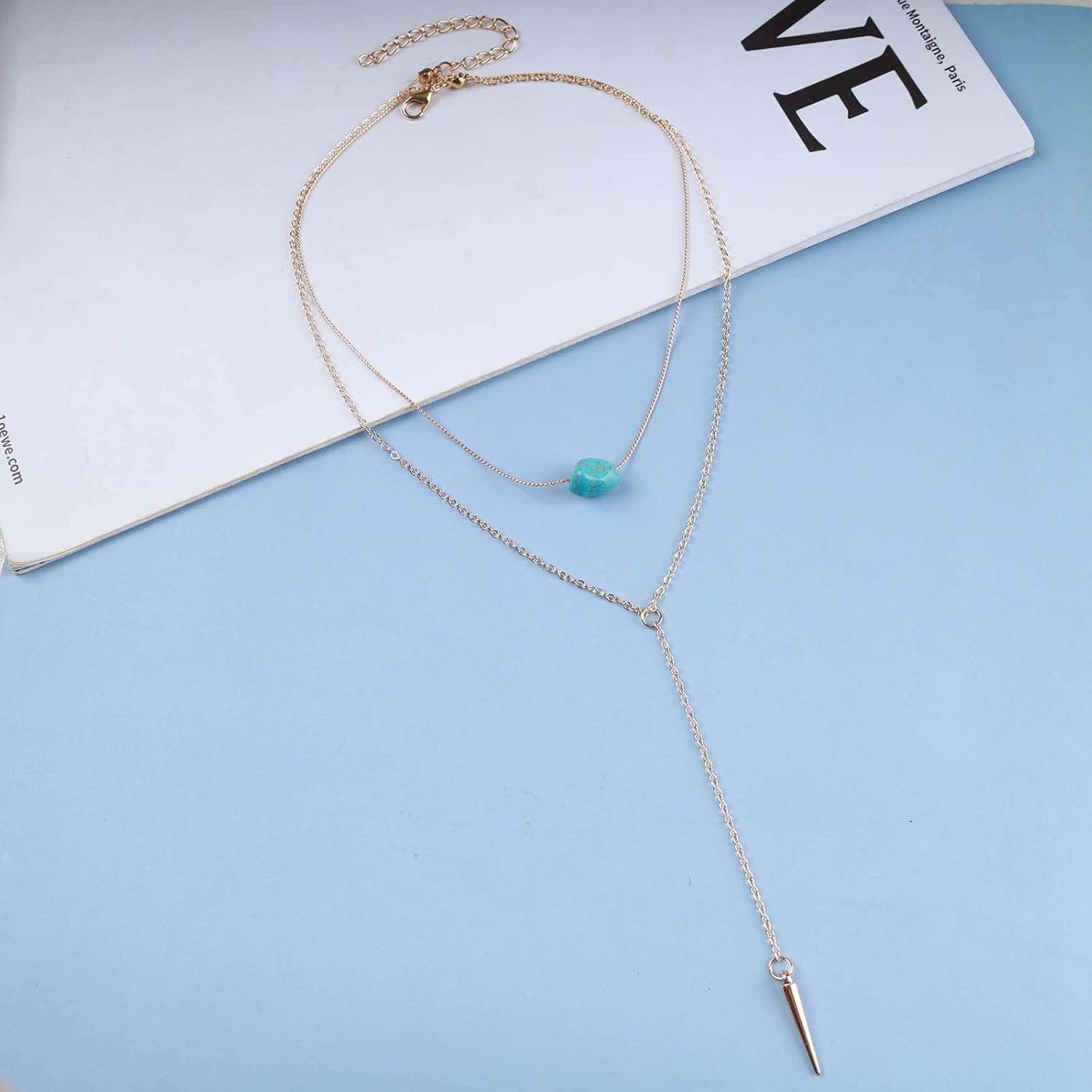 Andelaisi Boho Layered Turquoise Choker Necklace Vintage Cone Y Lariat Necklace Gold Spike Bar Chain Necklace Blue Natural Stone Pendant Necklace Jewelry for Women - Image 3