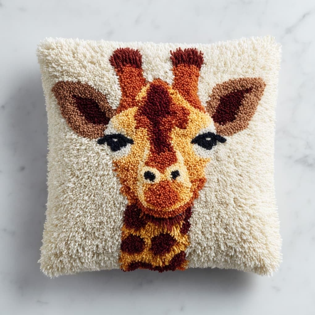 Henypt 43x43cm Latch Hook Rug Kit,Animal Giraffe Beginner DIY Crochet Craft Set,Soft Yarn Cushion Kit for Living Room Sofa Decoration