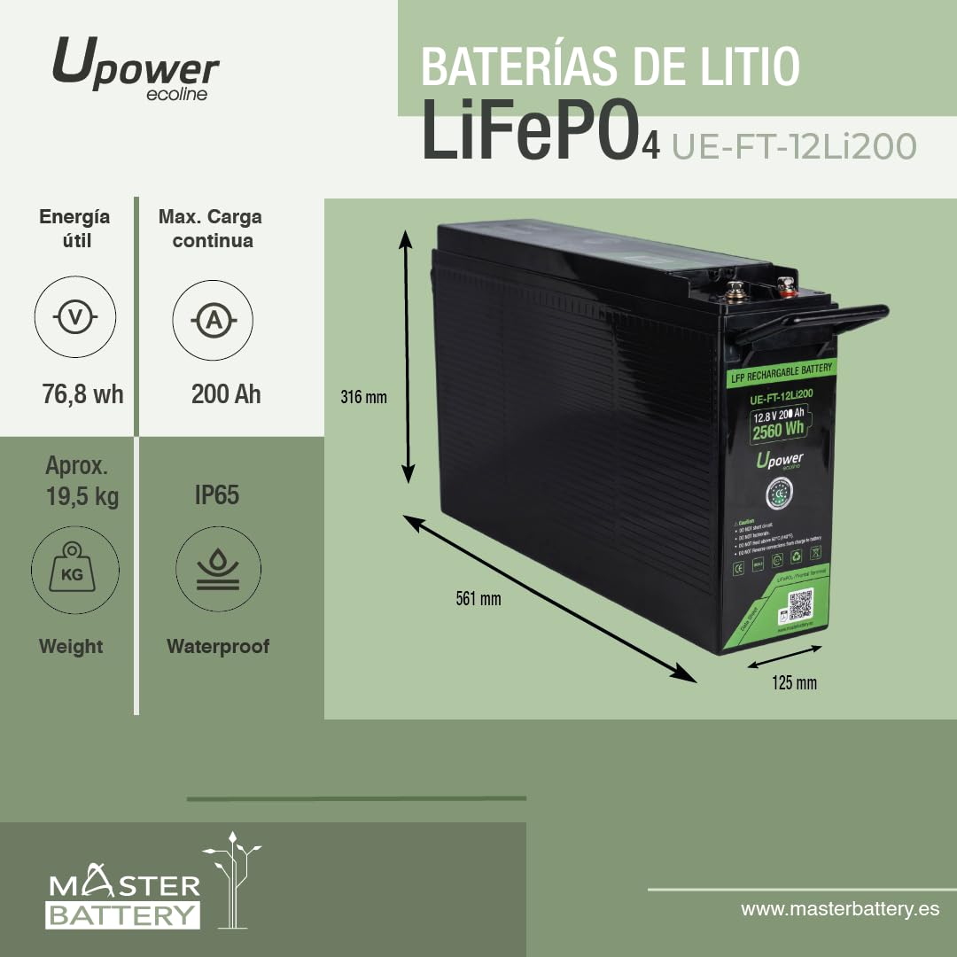 Batería Frontal de Litio LiFePO4 de 12V 200Ah, Ciclo profundo 3000 al 100% / 12.8V 2560Wh