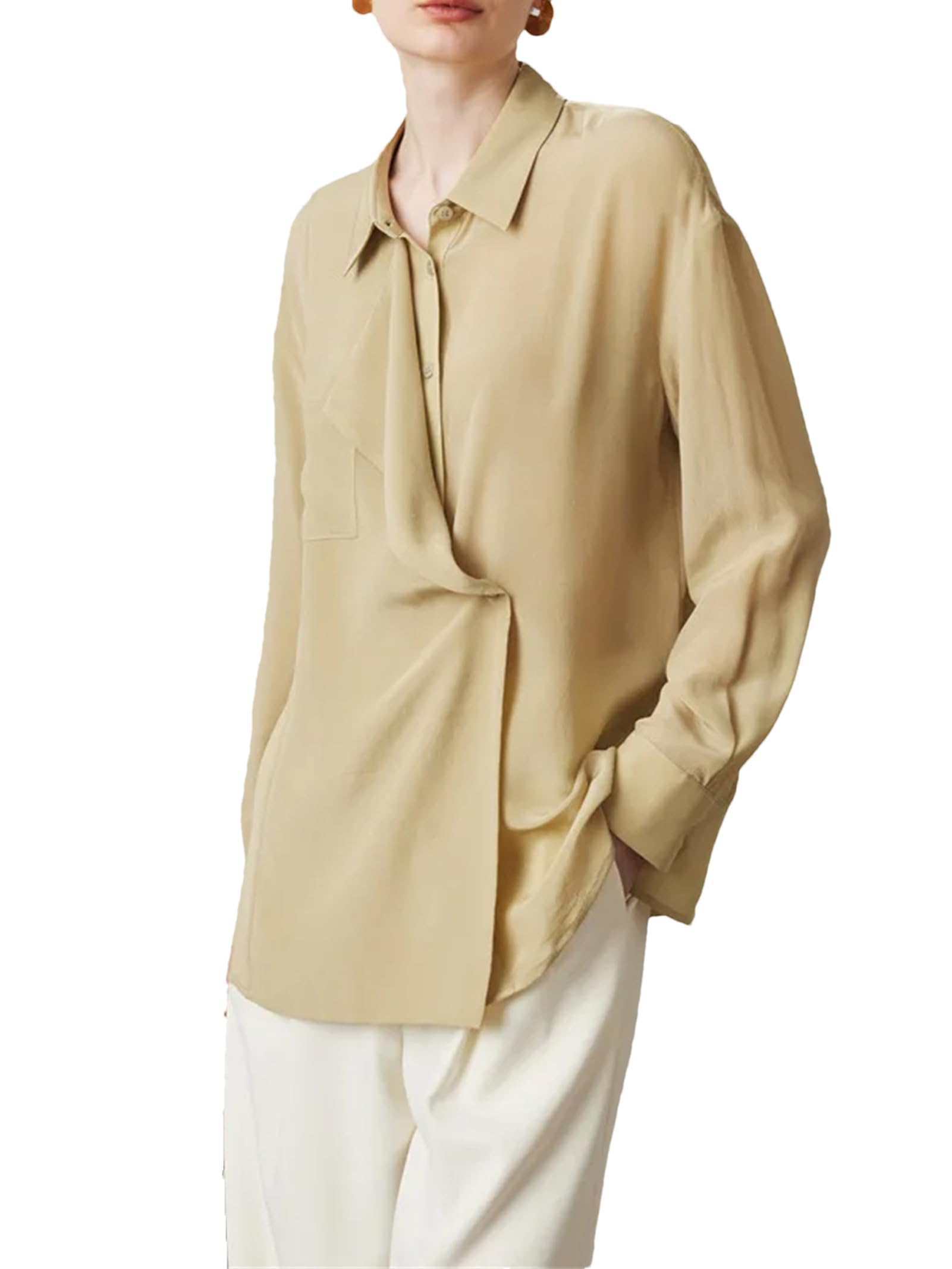 Blusa de seda lisa para mujer, cuello abatible, elegante, informal, con botones, de seda
