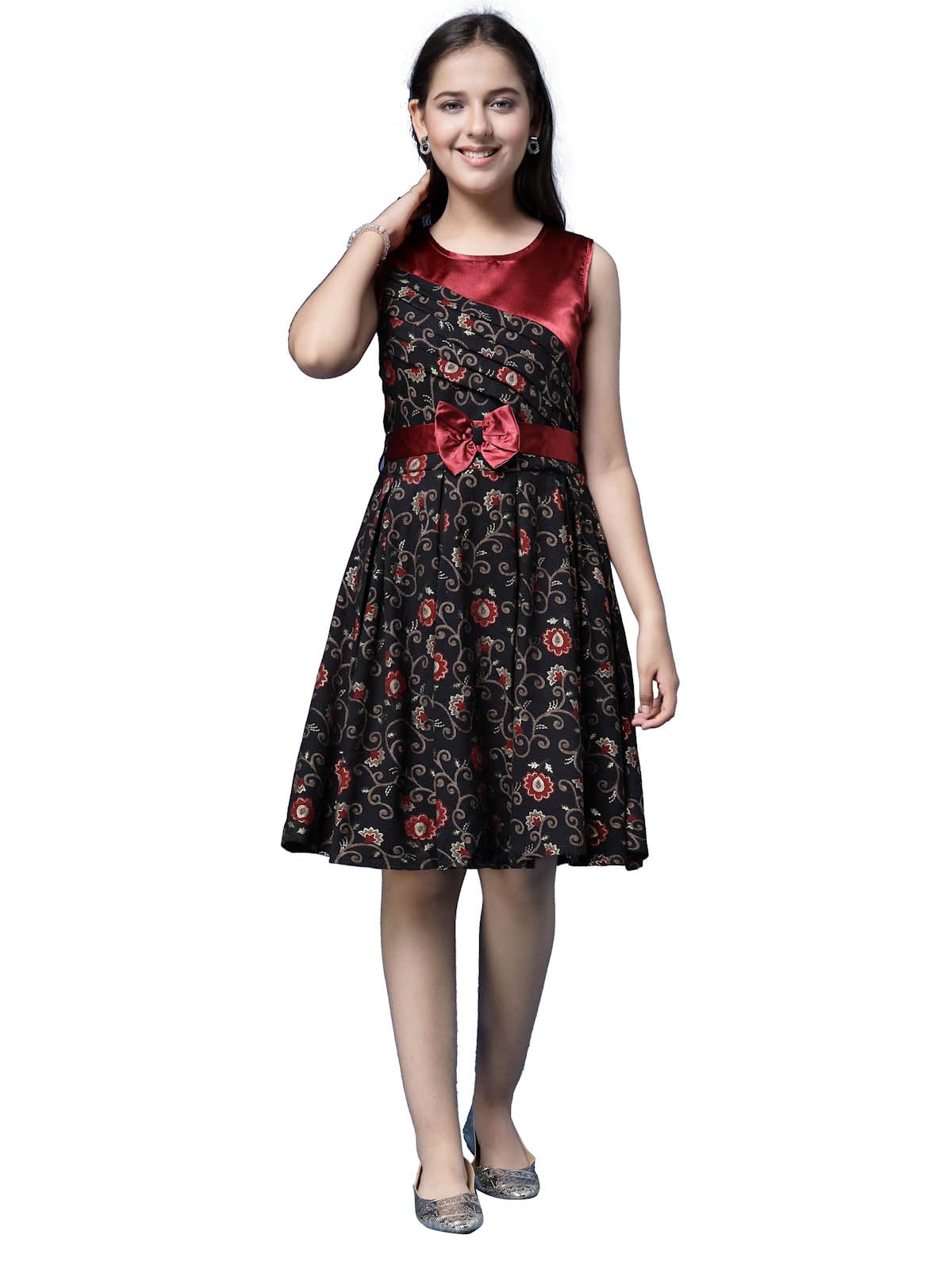 Dear Me Girls Cotton Blend Fit & Flare Wine Colour All Over Print Dress for Girls