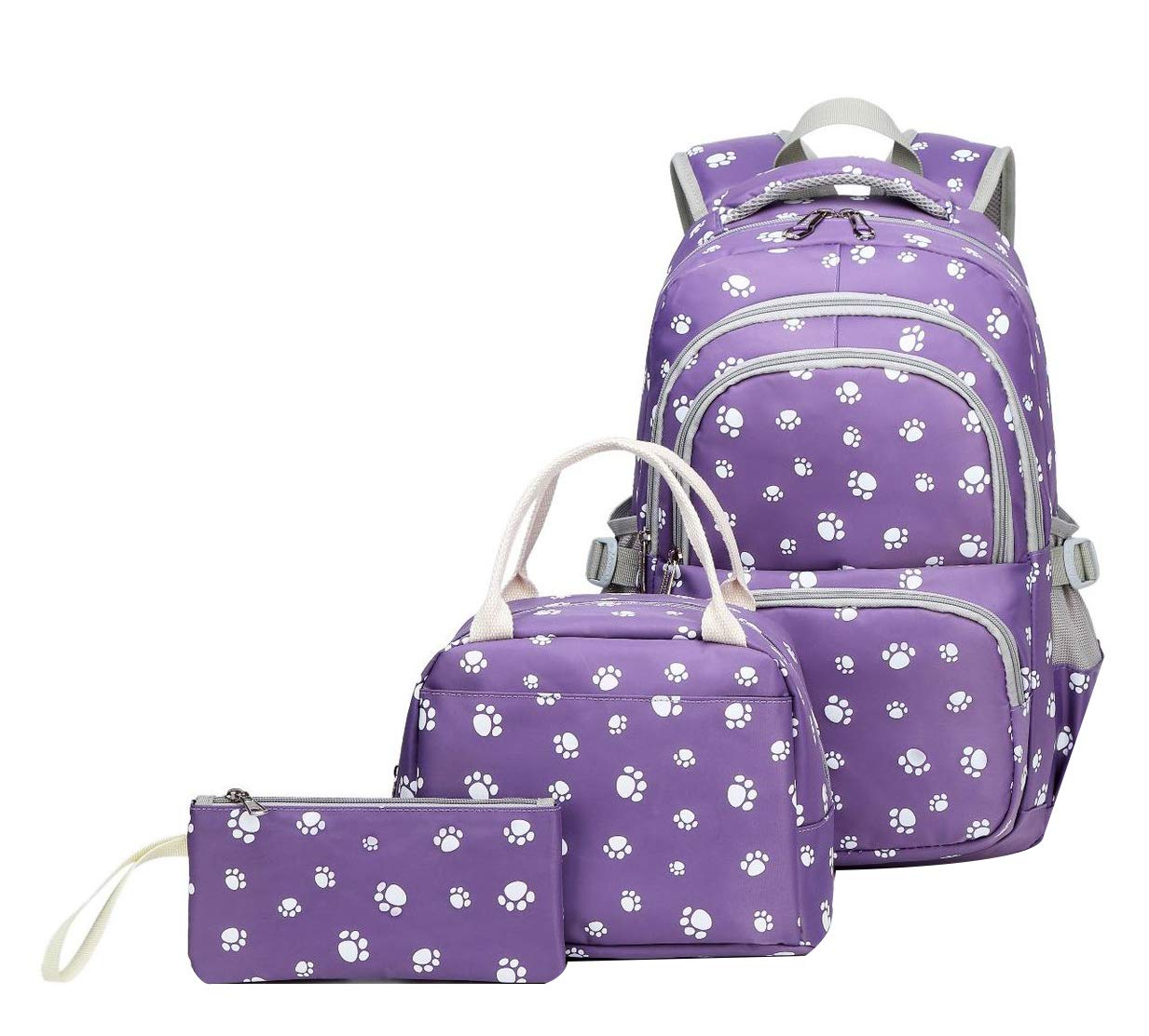 JiaYou School Backpack Dog Paw Prints Daypack For Teens Girls Primary School Students(Purple 3PCS,20L)