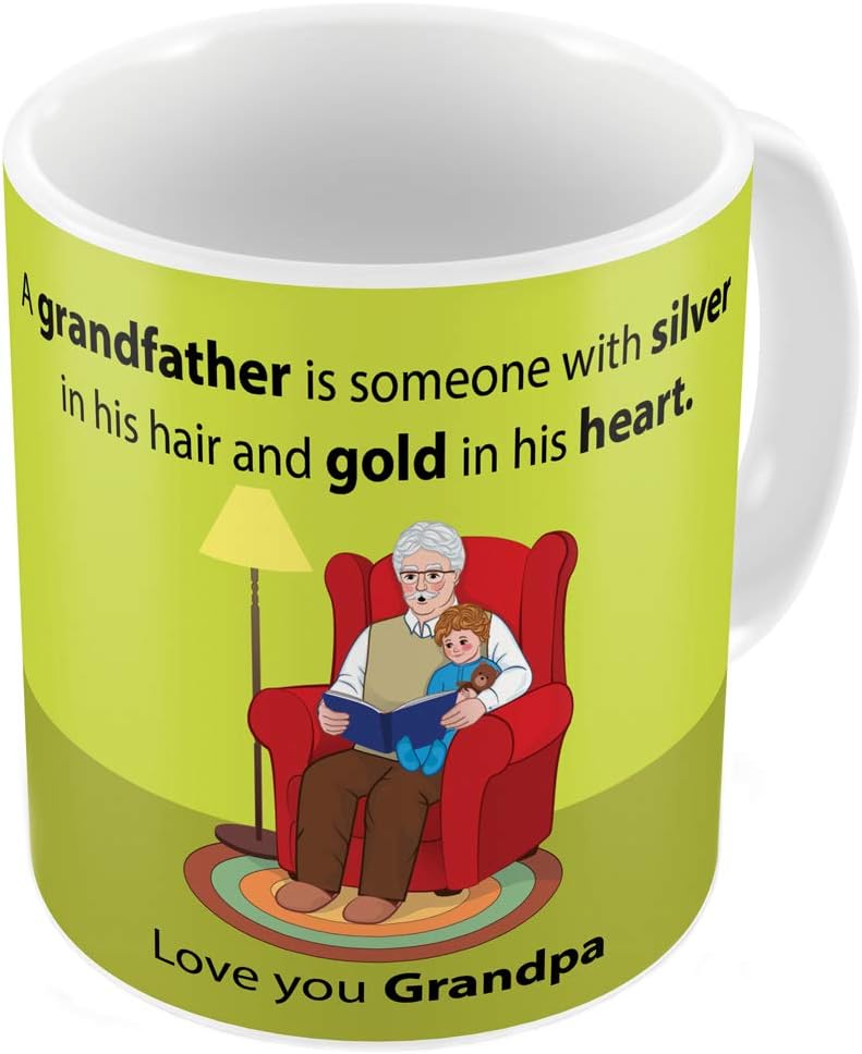 Indigifts Coffee Mug for Grand Father|330 Ml| Reading Story Book to Grandson Printed | Gift for Grand Father,Birthday Gift for Dada JEE, Gift for Grandpa, Ceremic Coffee Mug for Grand Father(White)