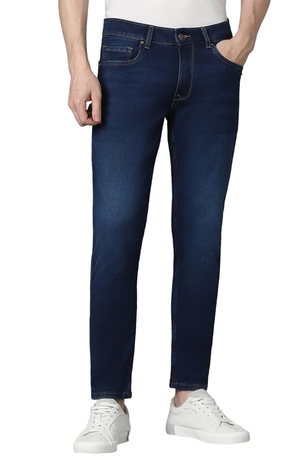 Louis Philippe Men's Tapered Fit Mid Rise Comfy All Day Comfort Jeans