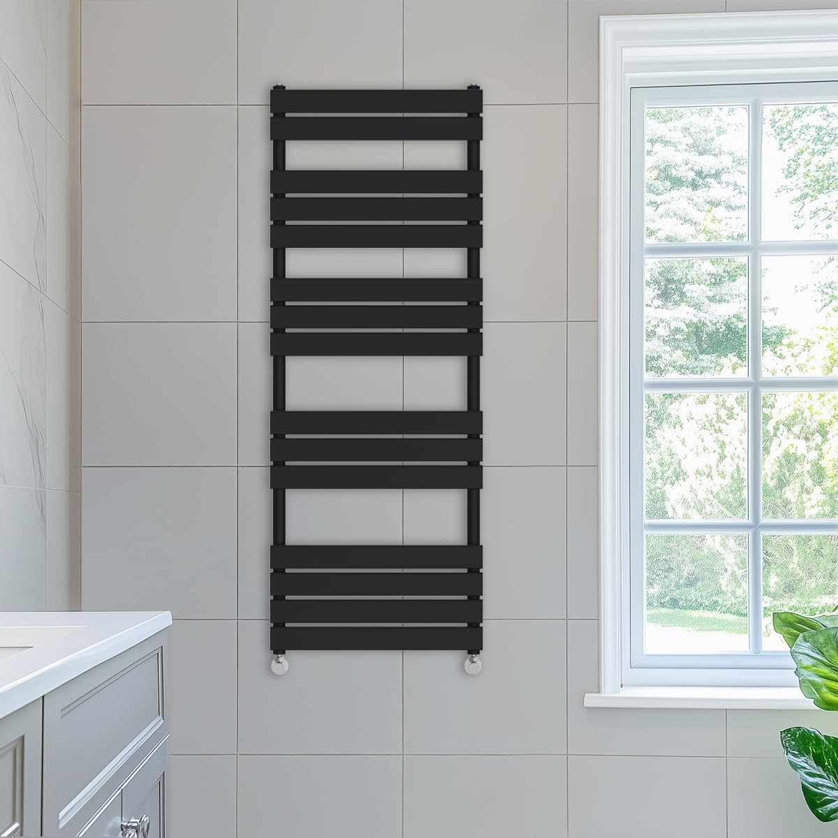 NRG 1600 x 600 mm Designer Flat Panel Heated Towel Rail Black Bathroom Radiator — image 1