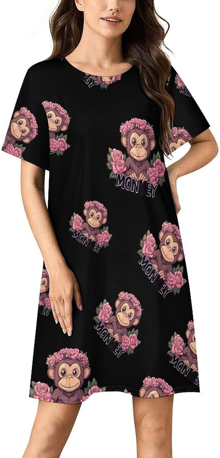 Monkey Womens Nightgown Short Sleeve Sleepshirts Loungewear