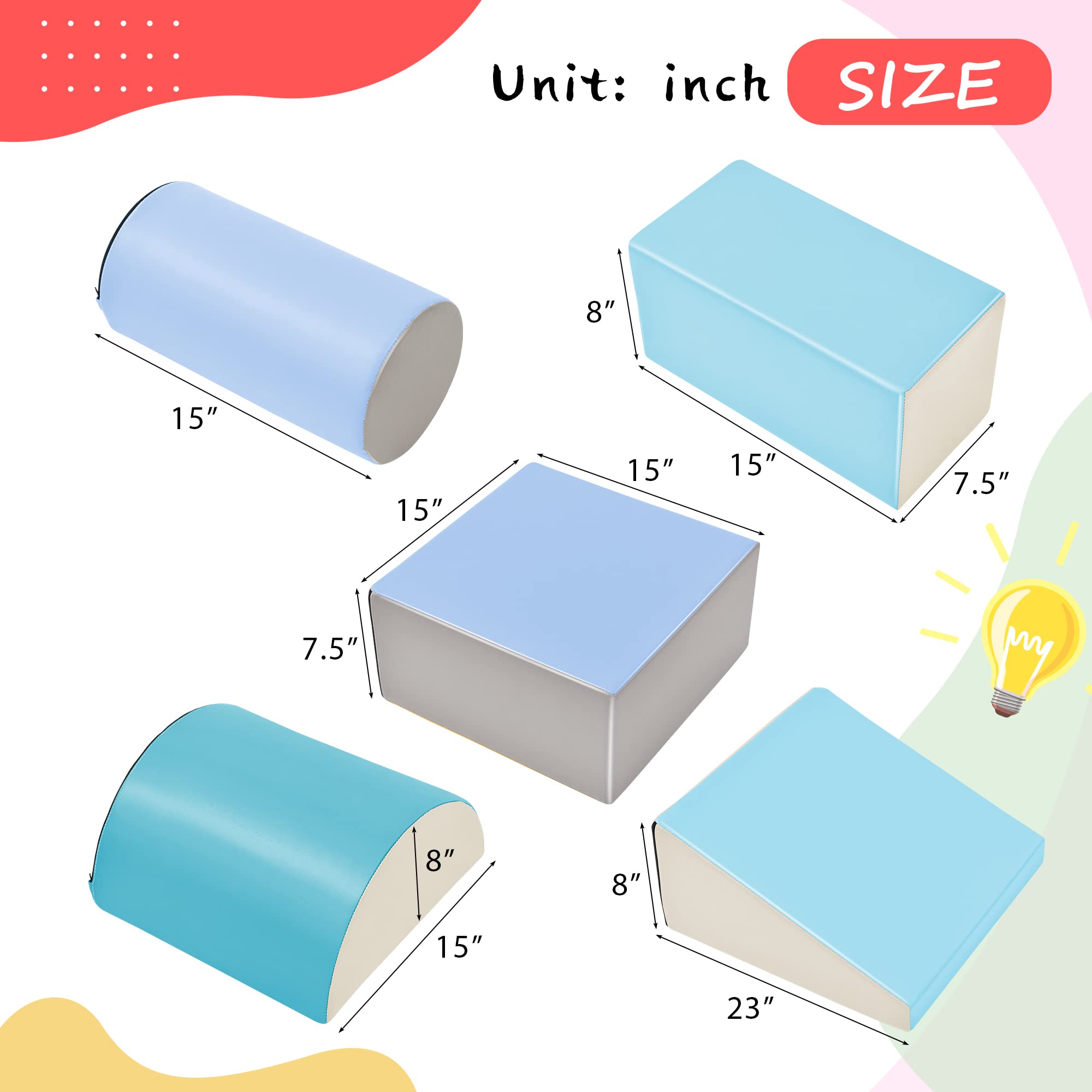 Vossfamul Toddler Indoor Climb and Crawl Activity Playset, 5-Piece Foam Climbing Blocks with Slide Ramp, Safe Indoor Play Gym Equipment for Kids Crawling and Sliding