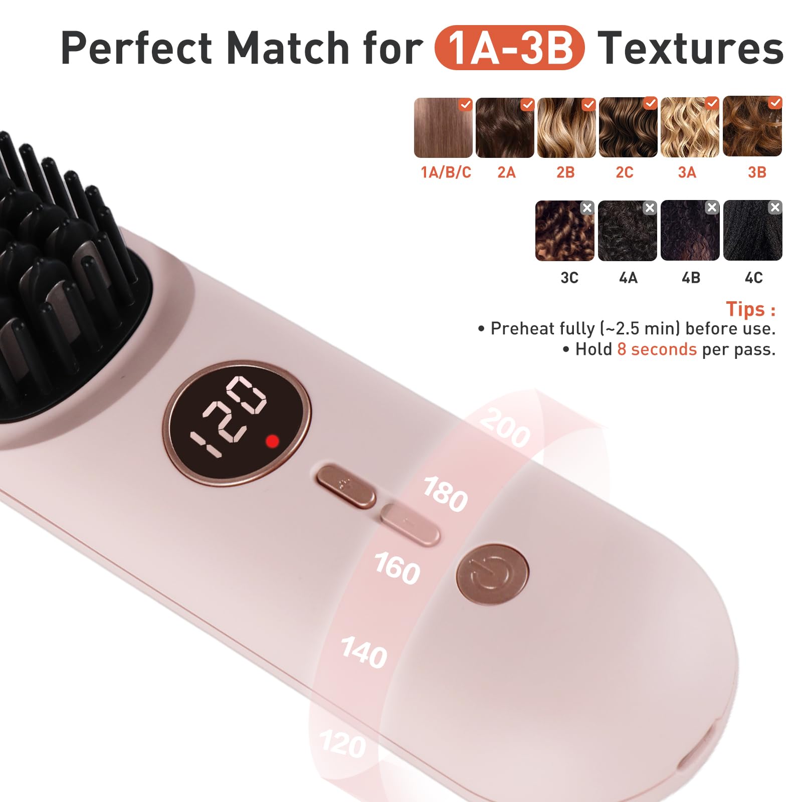 TANSHINE Kabellose Glätteisenbürste, 6000 Ahm, ionische Heißbürste für Reisen, tragbar, wiederaufladbar, beheizter Mini-Haarstyler für Damen, thermische Glättungsbürste mit Heißkamm, 140–200 °C, Rosa