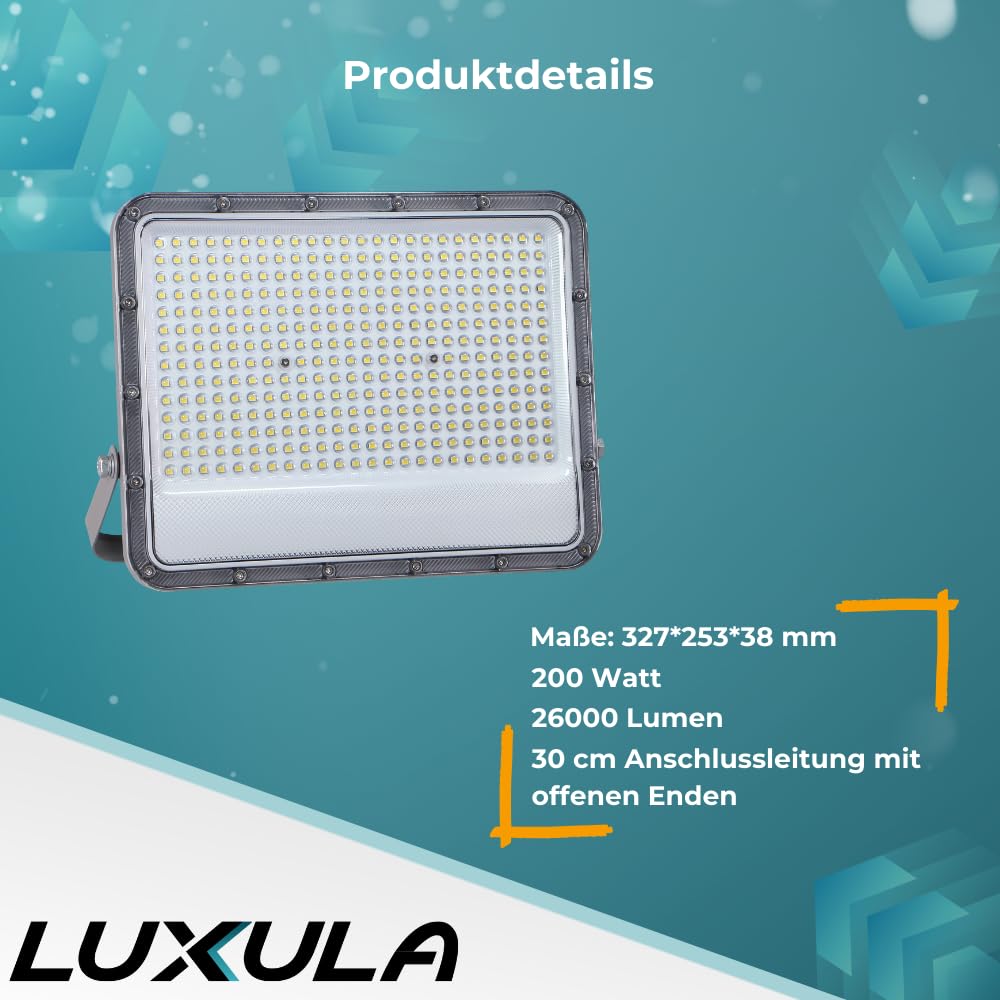 LUXULA LED Außenstrahler 200W 4000K Neutralweiß 26000lm IP65 - kompakter Fluter für Garage, Garten, Einfahrt oder Terrasse - wasserdichter LED Scheinwerfer Aussenleuchte – Gehäuse Grau