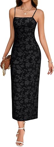 LYANER Women's Floral Lace Adjustable Spaghetti Strap Bodycon Elegant Long Dress