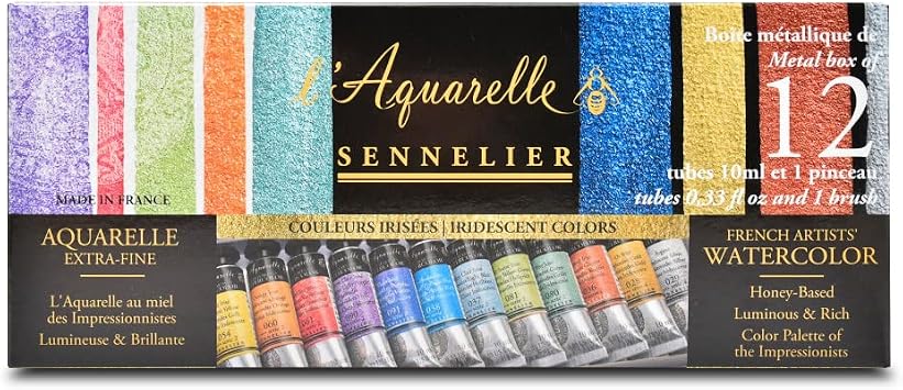 Sennelier French Artists Watercolor Set, 10ml Tubes, 12-Color Iridescent Tin Set