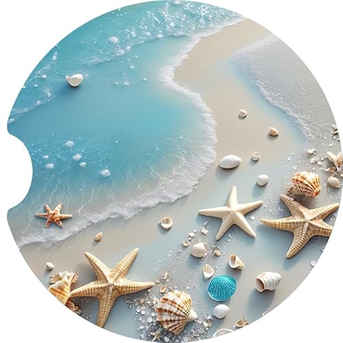 Beach Theme Car Coaster Set, 2.75 Inch Round, Neoprene Material, Handmade, Pack of 2