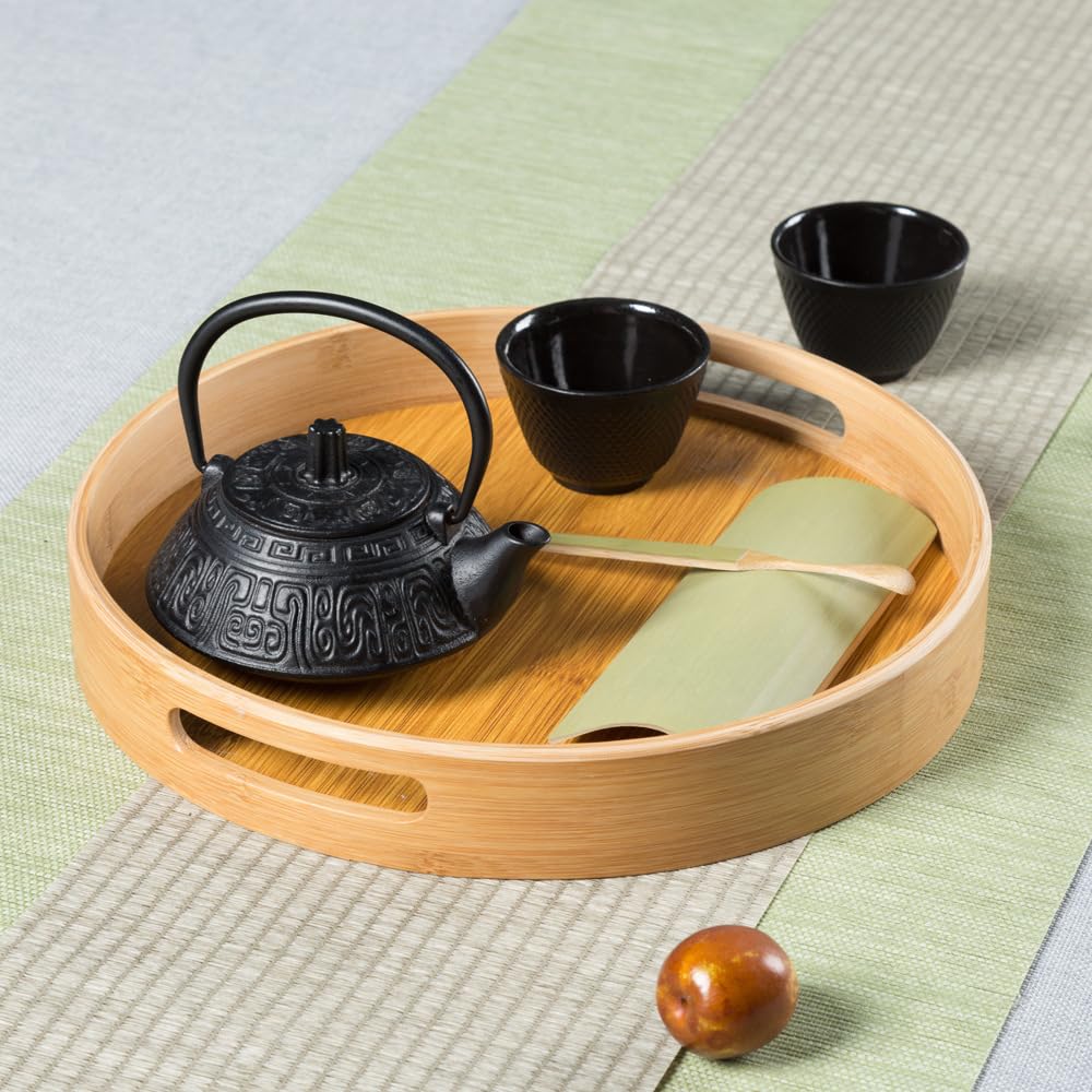 Bandeja de Servir de Madera de bambú, Bandeja de Servir Redonda, Bandeja de Madera Redonda Bandejas de Servir de bambú con Asas, Bandeja otomana para Pan, Fruta, café, Leche, té,25cm
