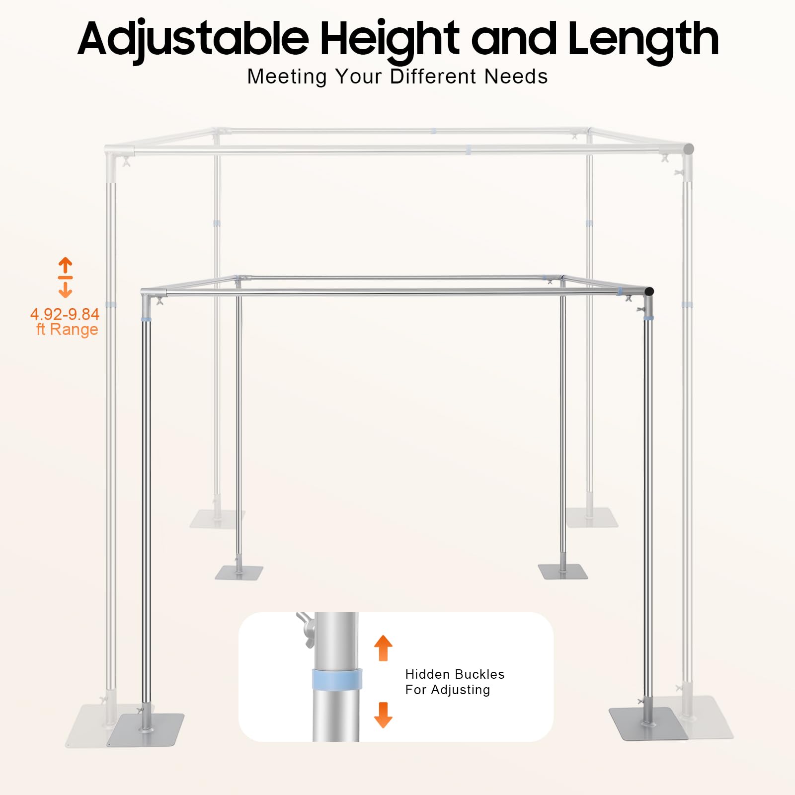 PLITEDDE Wedding Backdrop Stand 9.84x9.84ft Adjustable 4 Post Backdrop Stand Kit with 4.92-9.84 ft Adjustable Length or Height and Square Base for Wedding Birthday Party