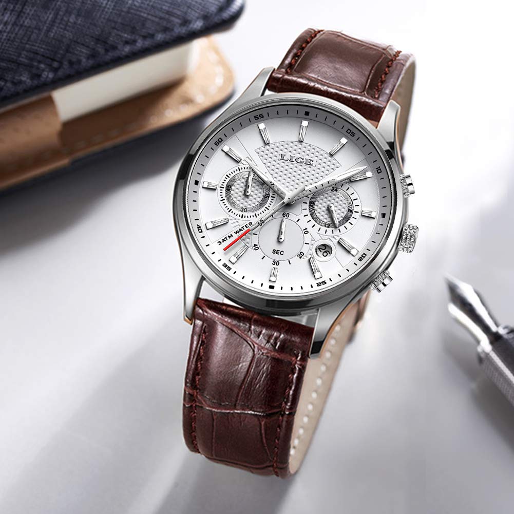 LIGE Relojes Hombre Cronógrafo Analógico Cuarzo 3bar Impermeable Pulsera de Cuero Deporte Watch Business Casual Relojes de Pulsera Regalo Elegante Marrón Blanco