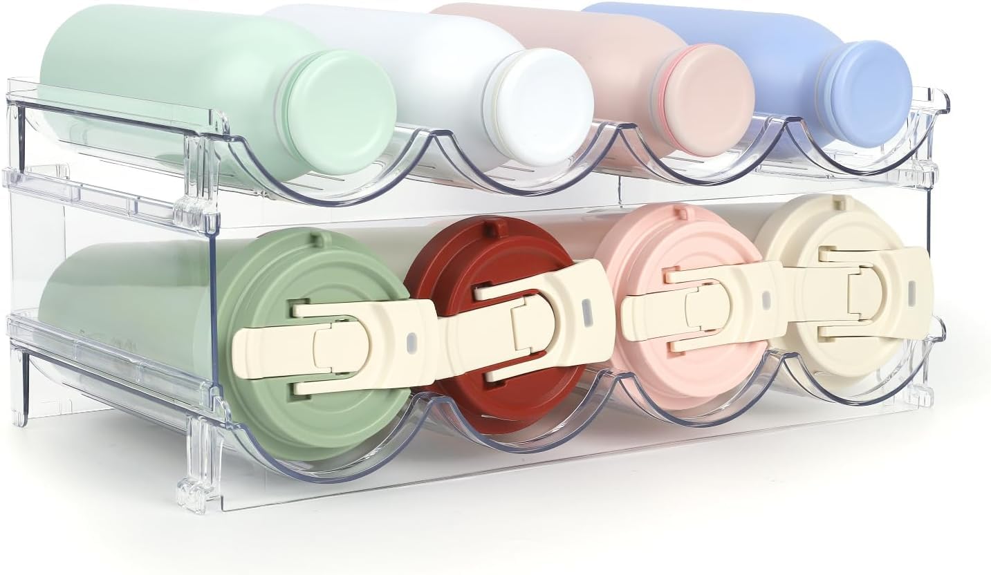 Soporte apilable para botellas de vino para nevera, gabinete, despensa, juego de 2, cada estante tiene capacidad para 4 botellas, diseño de almacenamiento para encimera de cocina, ahorro de espacio