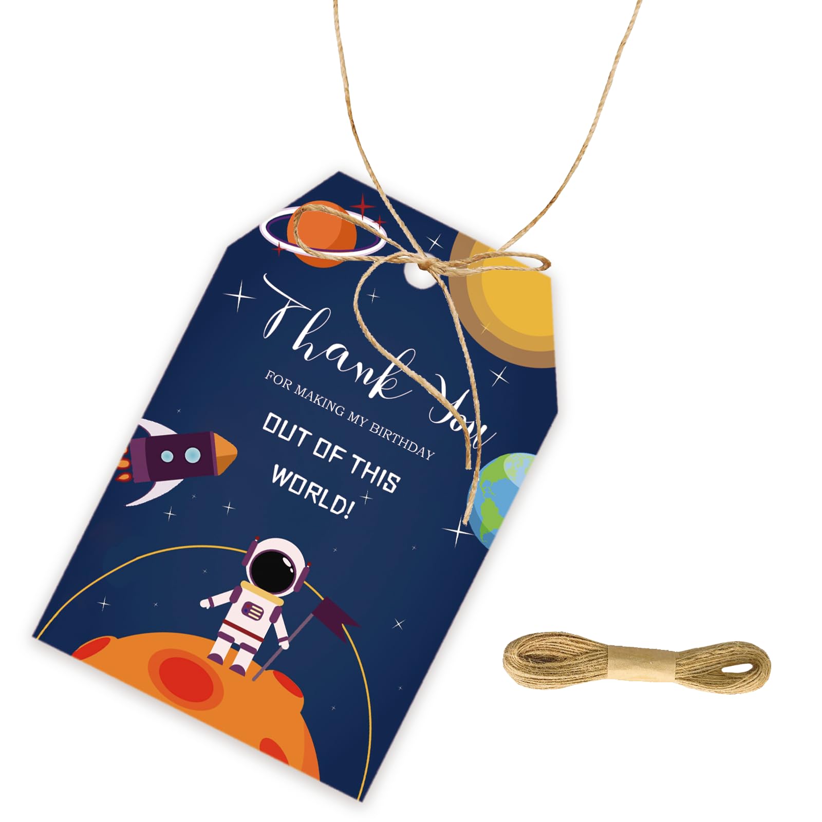 50pcs Outer Space Thank You Tags, Rocket Ship Gift Tag with String for Astronaut Planet Party, Thank You Paper Tags for Boy Birthday/Space Themed Party Favors