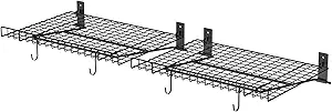2 Pack Foldable Wall Shelf, Wall Mounted Garage Storage Shelves, Heavy Duty Wall Shelving Supports Up To 90 LBS. Floating Shelves With 4 Hooks Metal Storage Rack for Office, Kitchen and Laundry Room