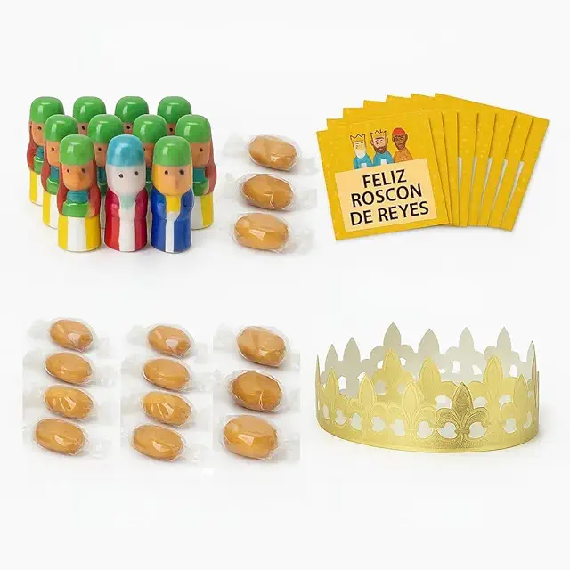Pack 10 Coronas y Haba para Roscón de Reyes - Figuritas Navideñas