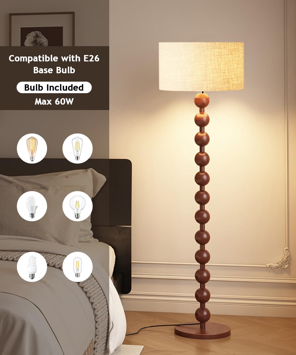 Lámpara De Pie Wabi-sabi De Madera De 62,2" Con Base De Lino Y Nogal. Lámpara De Pie Redonda De Tela Con Atenuación E26 Para Sala De Estar, Estudio, Dormitorio Y Pasillo.