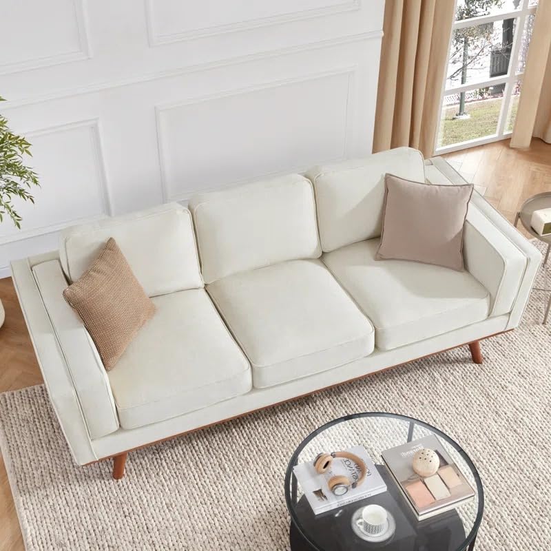 Image of LEGACY OF COMFORT Camariah 87.76'' 3 Seater Sofa Three Seater Sofa with Wooden Base for Living Room Guest Room Hotels Office (Ivory)