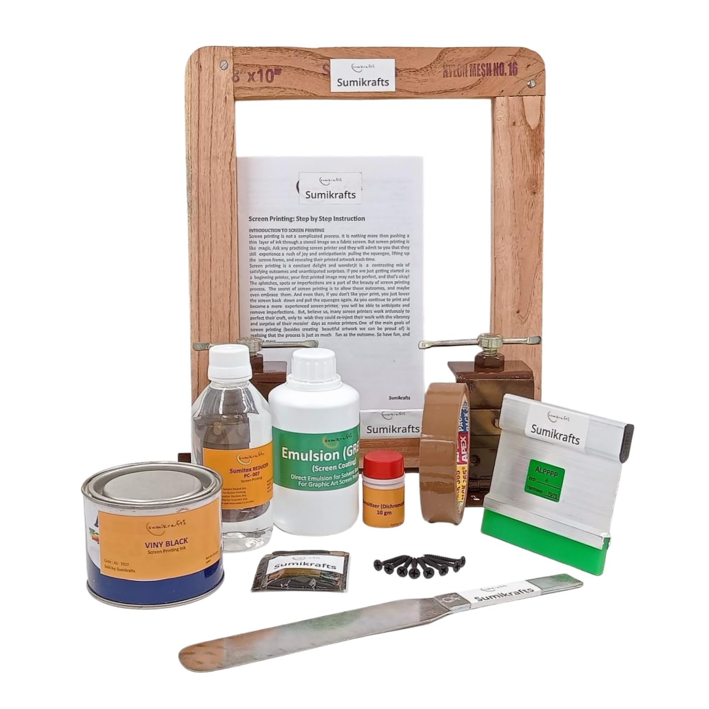 sumikrafts Screen Printing kit: Viny Black 250gm+Double Hinge Table Clamps+8 Drywall Screws Black phospated Size 3.5cm+Screen Frame Small 8”x10 pre Stretched mesh no 16-image-29