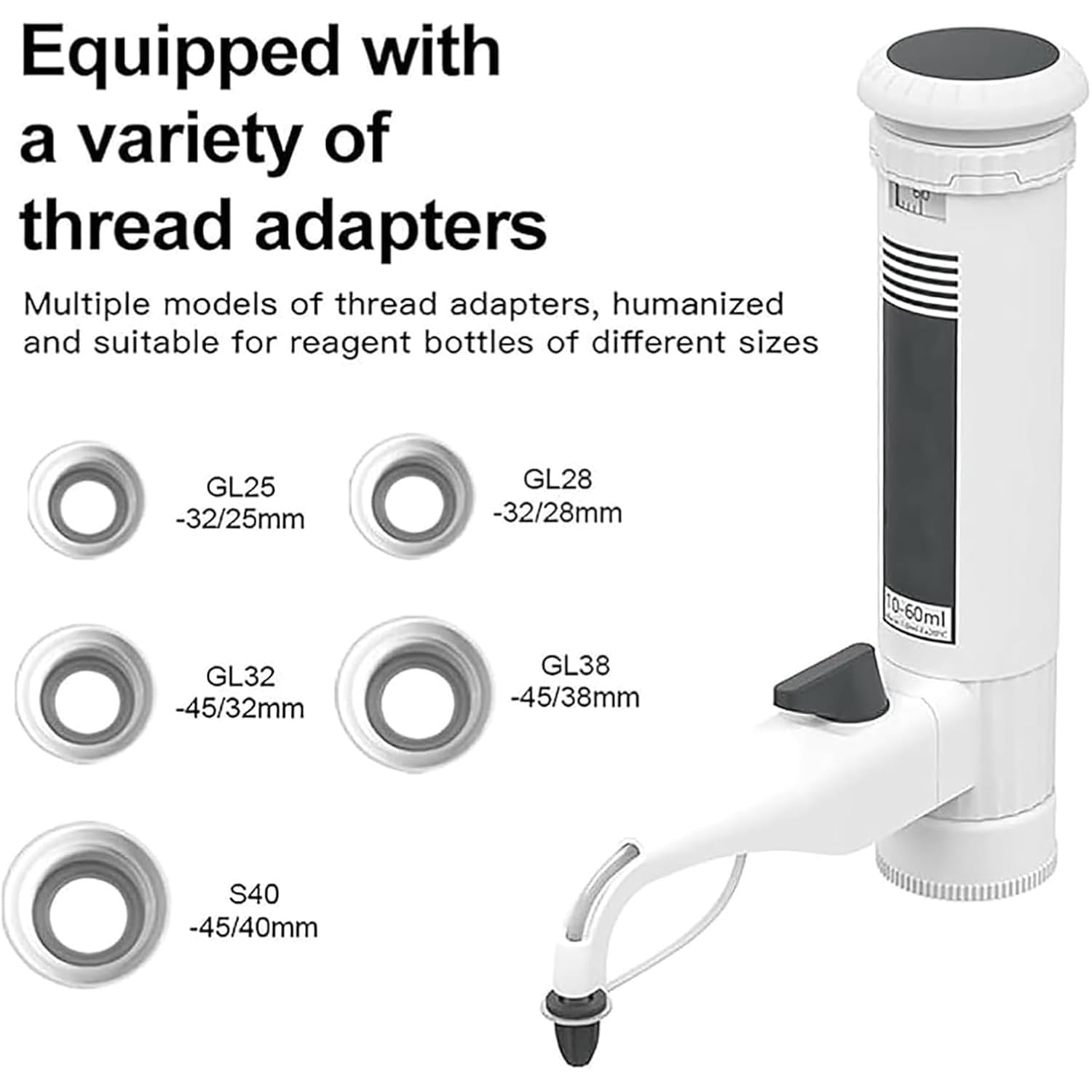 Dispensador de pipetas de líquido ajustable con 5 adaptadores, capacidad de 0,5 a 60 ml, diseño de doble válvula, ventana digital, para uso en laboratorio, herramienta de medición cuantitativa precisa