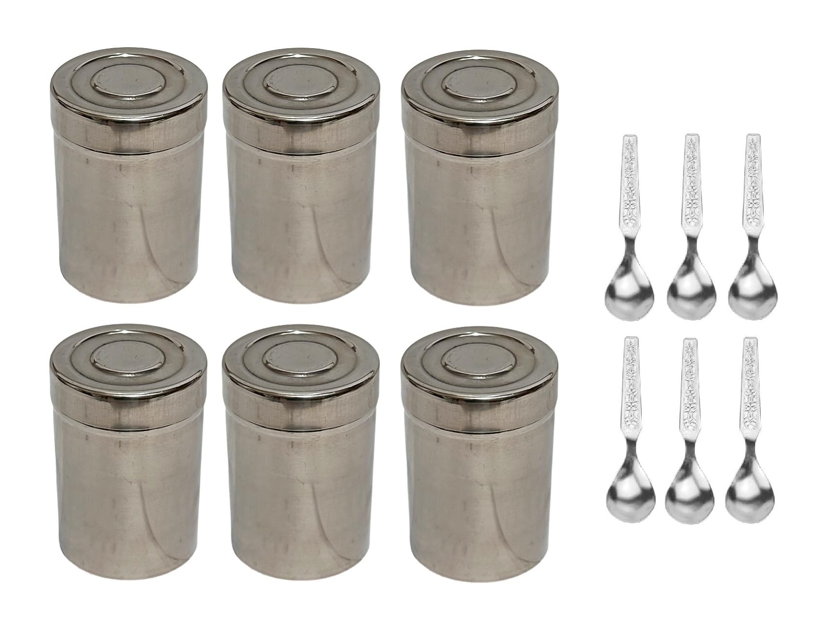 Dynore Stainless Steel 6 Pcs Multipurpose Spice Storage Container With Spoon| Kitchen Masala Storage Container Set | 100 ml Each Container