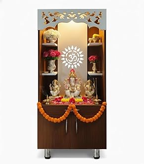 Alpine Willow Premium Temple for Home (Pre-Assembled) Pooja Mandir for Home I Devghar I Puja Ghar I Corian Design Wooden Temple (Walnut & White, 130 X 60 X 35 CM)