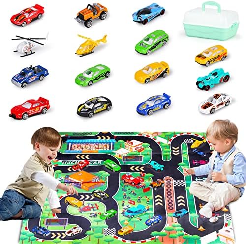 kramow Toys Car Set,17 PCS Metal Racing Car with Play Mat,Vehicle Car Toys for Boys Toddlers,Toys for Kids Age 3 and Up