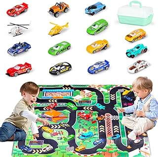 kramow Toys Car Set,17 PCS Metal Racing Car with Play Mat,Vehicle Car Toys for Boys Toddlers,Toys for Kids Age 3 and Up