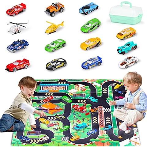 kramow Toys Car Set,17 PCS Metal Racing Car with Play Mat,Vehicle Car Toys for Boys Toddlers,Toys for Kids Age 3 and Up Cover