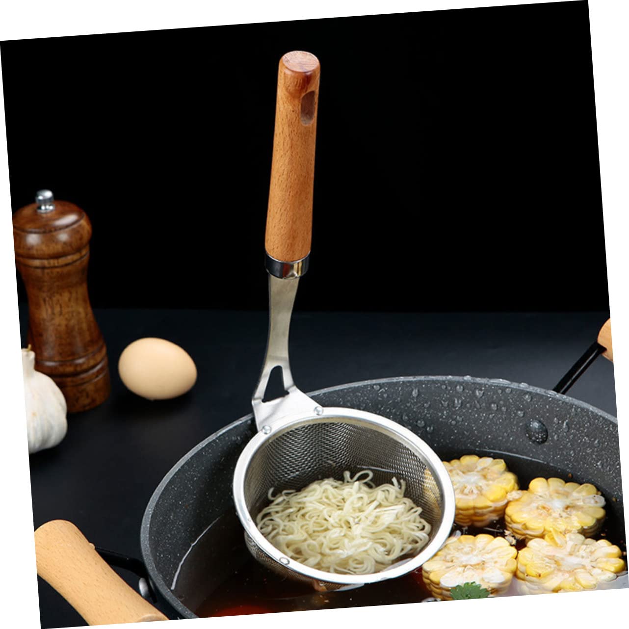 Colador de Fideos con Mango de Madera Colador Multiusos de Acero Inoxidable Resistente y Ligero para Cocina Filtro de Alimentos Seguro y Práctico para Pasta y Verduras