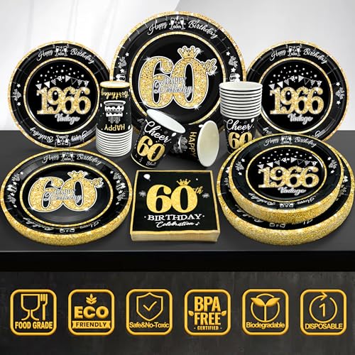 Image of 60th Birthday Decorations Black and Gold, Service for 30, Vintage 60th Birthday Party Supplies Includes Black Vintage 1966 Plates, Napkins, Cups, Plates and Napkins for Men Women